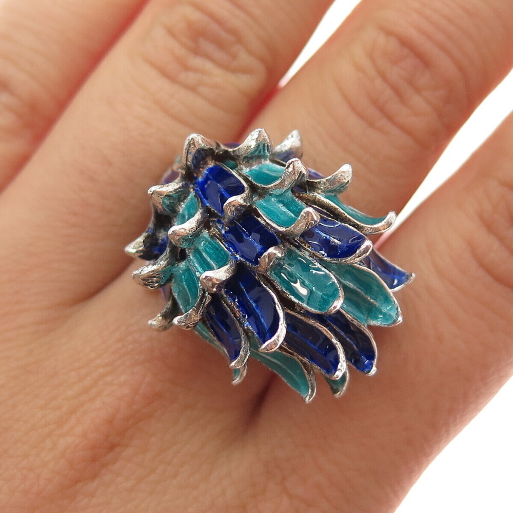 INDUSTRIA PERUANA 925 Sterling Silver Vintage Enamel Modernist Ring Size 7.25